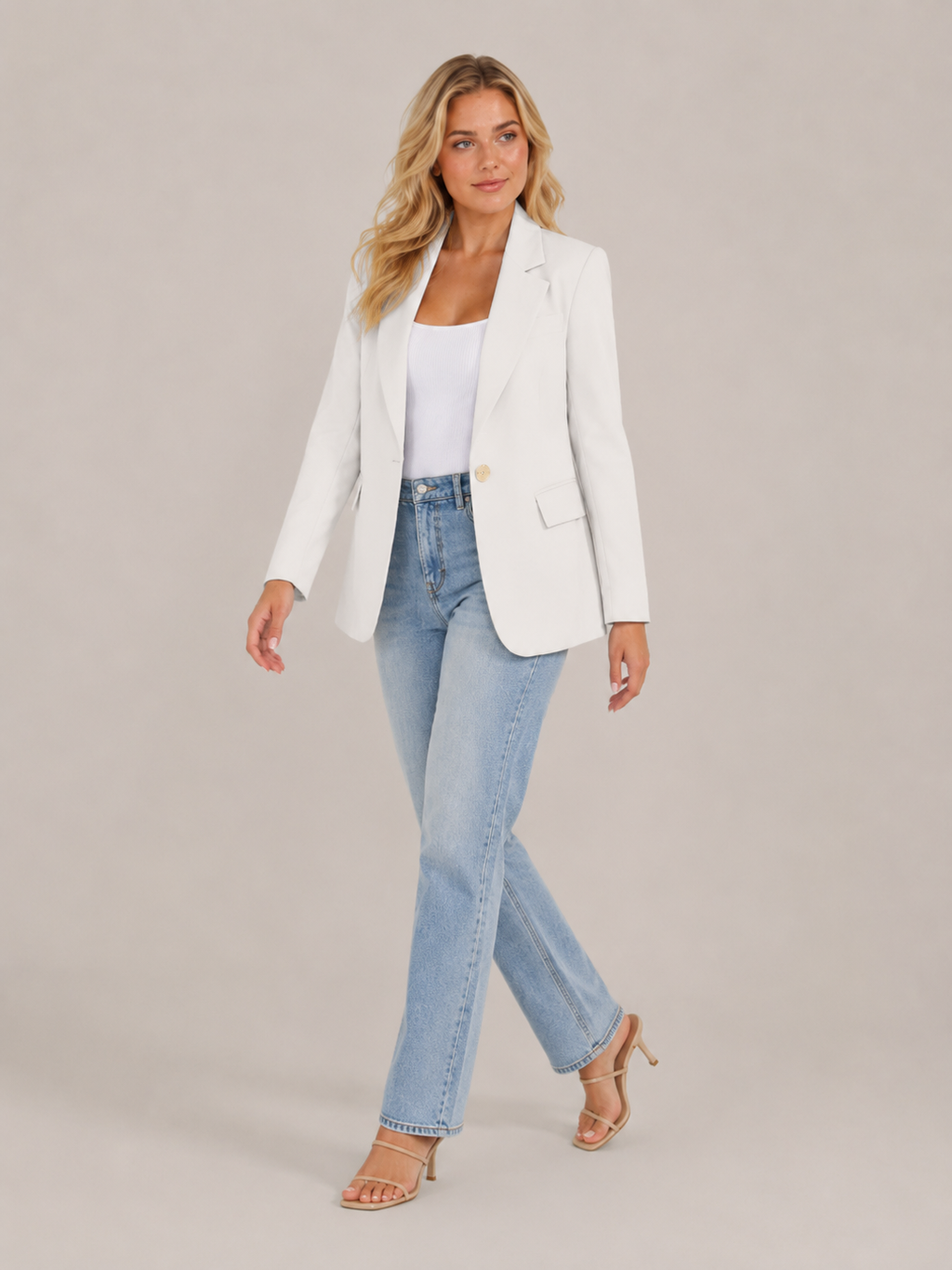 White fitted blazer front view with classic lapels and flap pockets