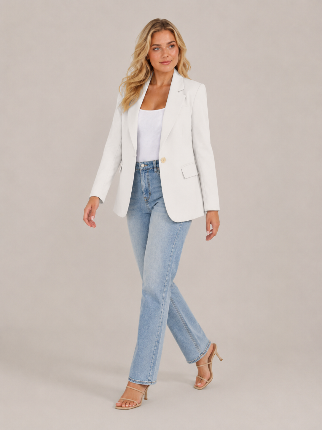 White fitted blazer front view with classic lapels and flap pockets