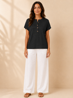 Black split-neck button-front womens top with short sleeves and loose, relaxed fit
