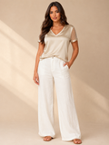 Champagne satin-look V-neck top with sheer dotted short sleeves