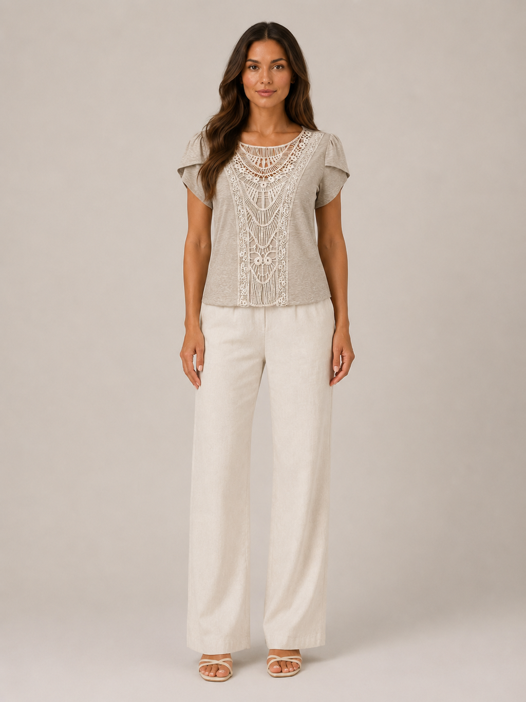 Soft khaki lace-neck flowing top with ornate vertical lace panel and short puff sleeves