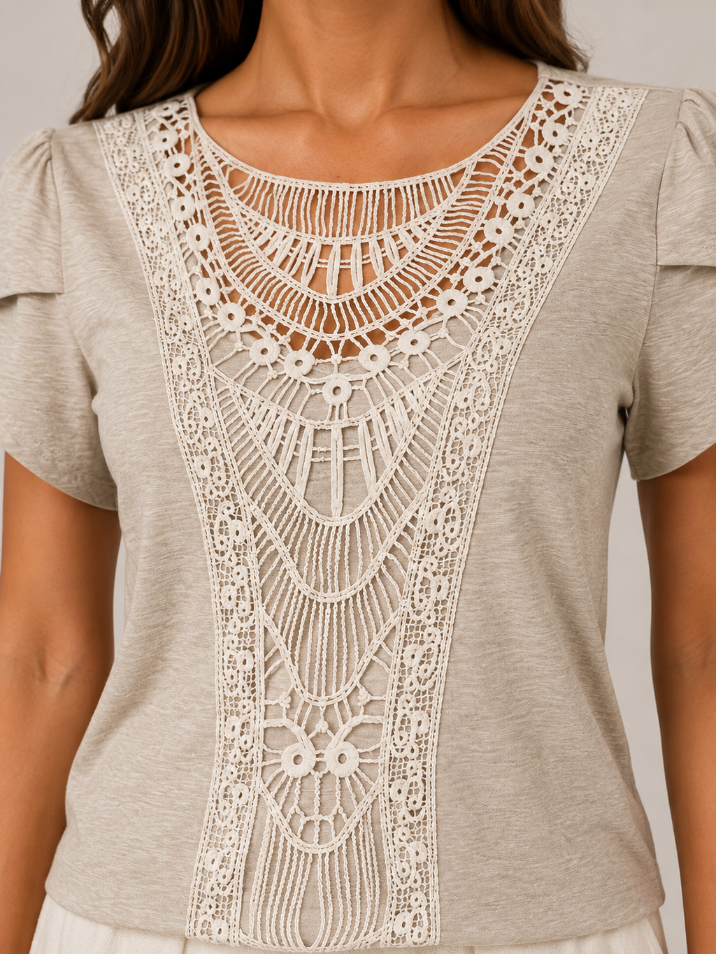Soft khaki lace yoke with scalloped edge and intricate vertical crochet panel