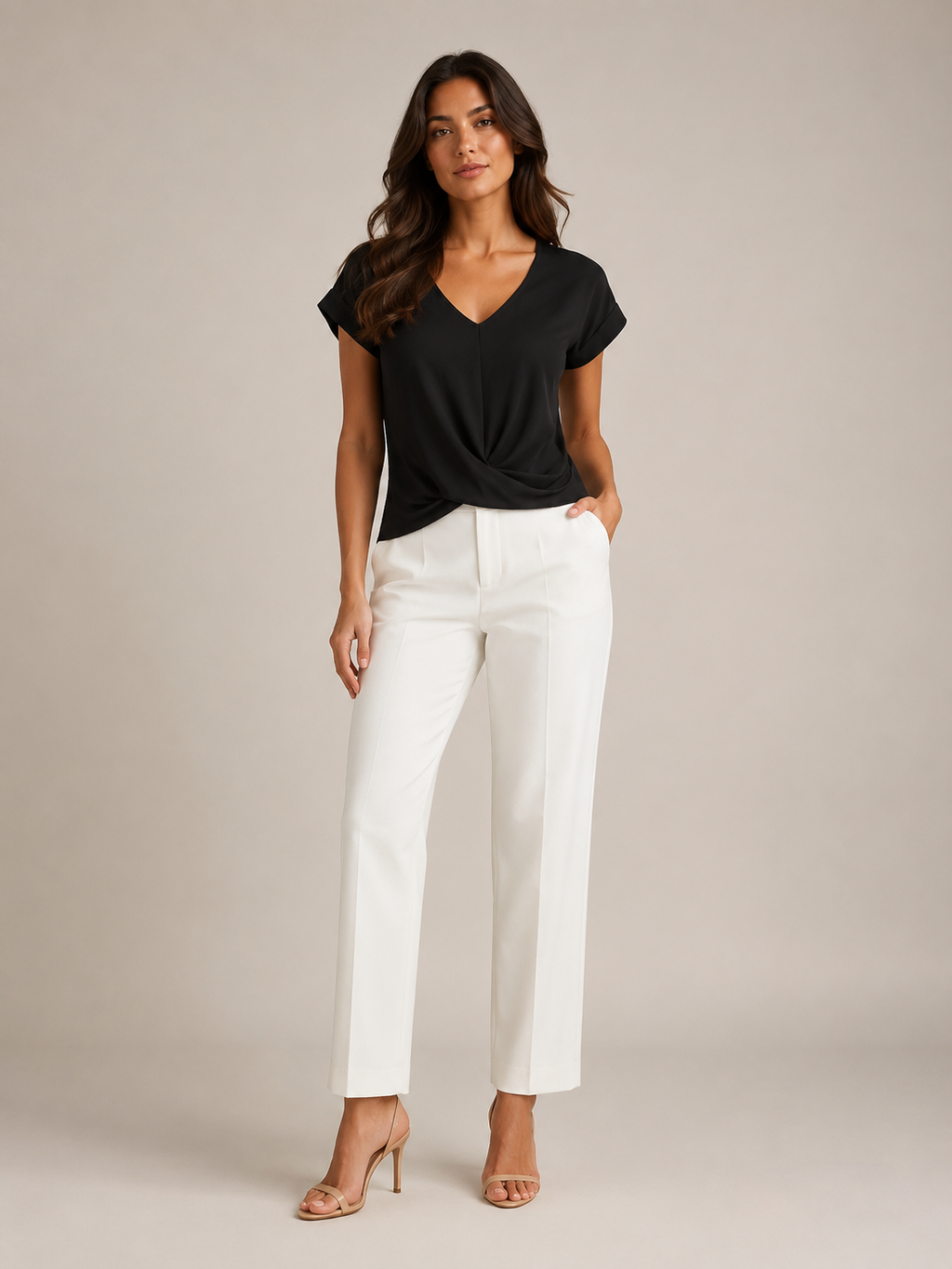 Black V-neck twist-front short-sleeve stretch top