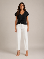Black V-neck twist-front short-sleeve stretch top