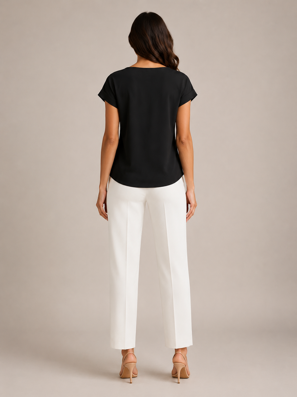 Black V-neck twist-front short-sleeve stretch top, back view