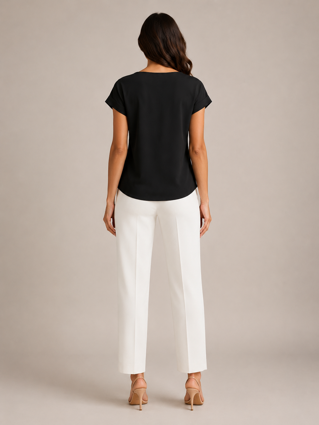 Black V-neck twist-front short-sleeve stretch top, back view