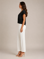 Black V-neck twist-front short-sleeve stretch top, side profile