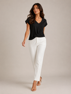 Black V-neck twist-front short-sleeve stretch top with draped twist