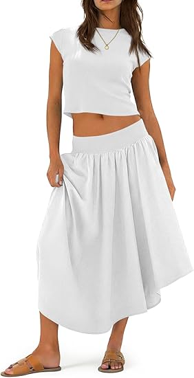 White cropped cap-sleeve top and high-low pleated midi skirt set, elastic waist