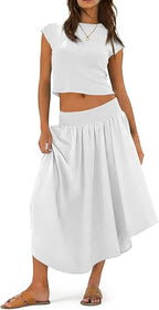 White cropped cap-sleeve top and high-low pleated midi skirt set, elastic waist