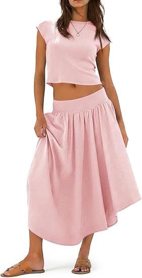 Pink cropped cap-sleeve top and high-low pleated midi skirt set, elastic waist