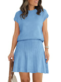 Light blue knitted short-sleeve sweater and pleated mini skirt matching set.