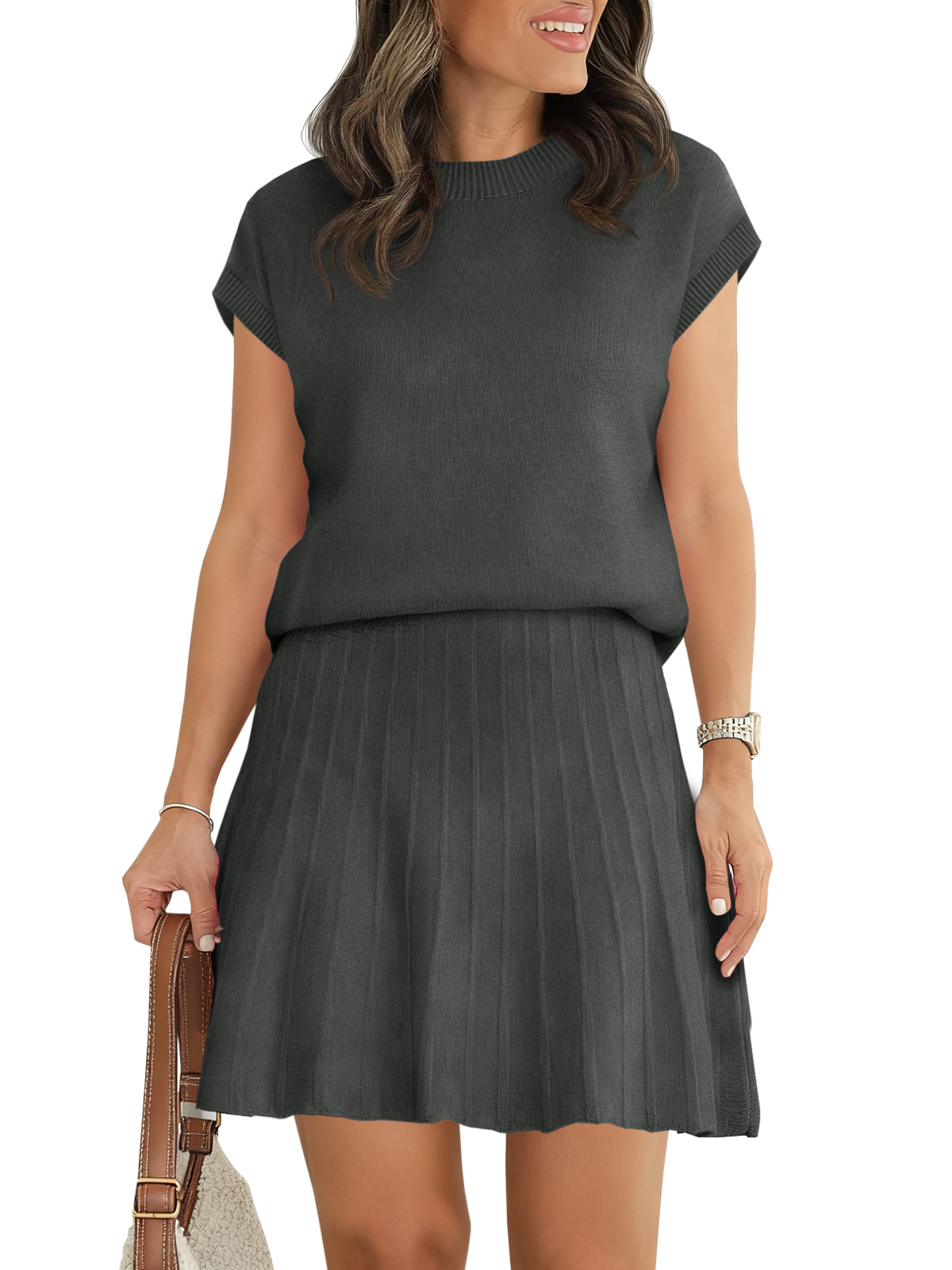 Charcoal gray knitted short-sleeve sweater and pleated mini skirt matching set.