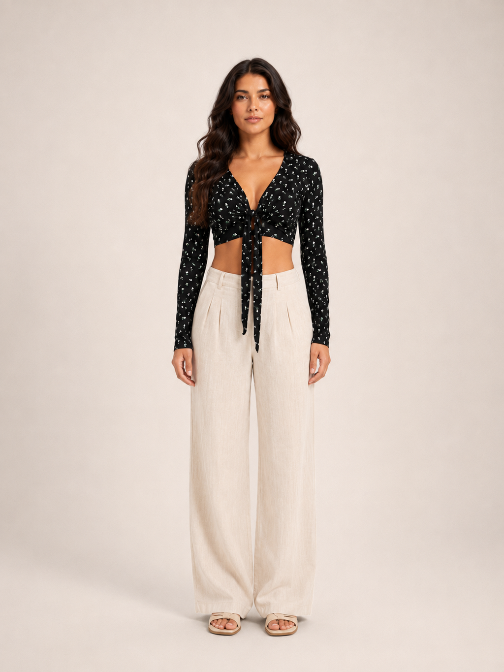 Black long-sleeve V-neck crop top with tied front and scattered micro-print