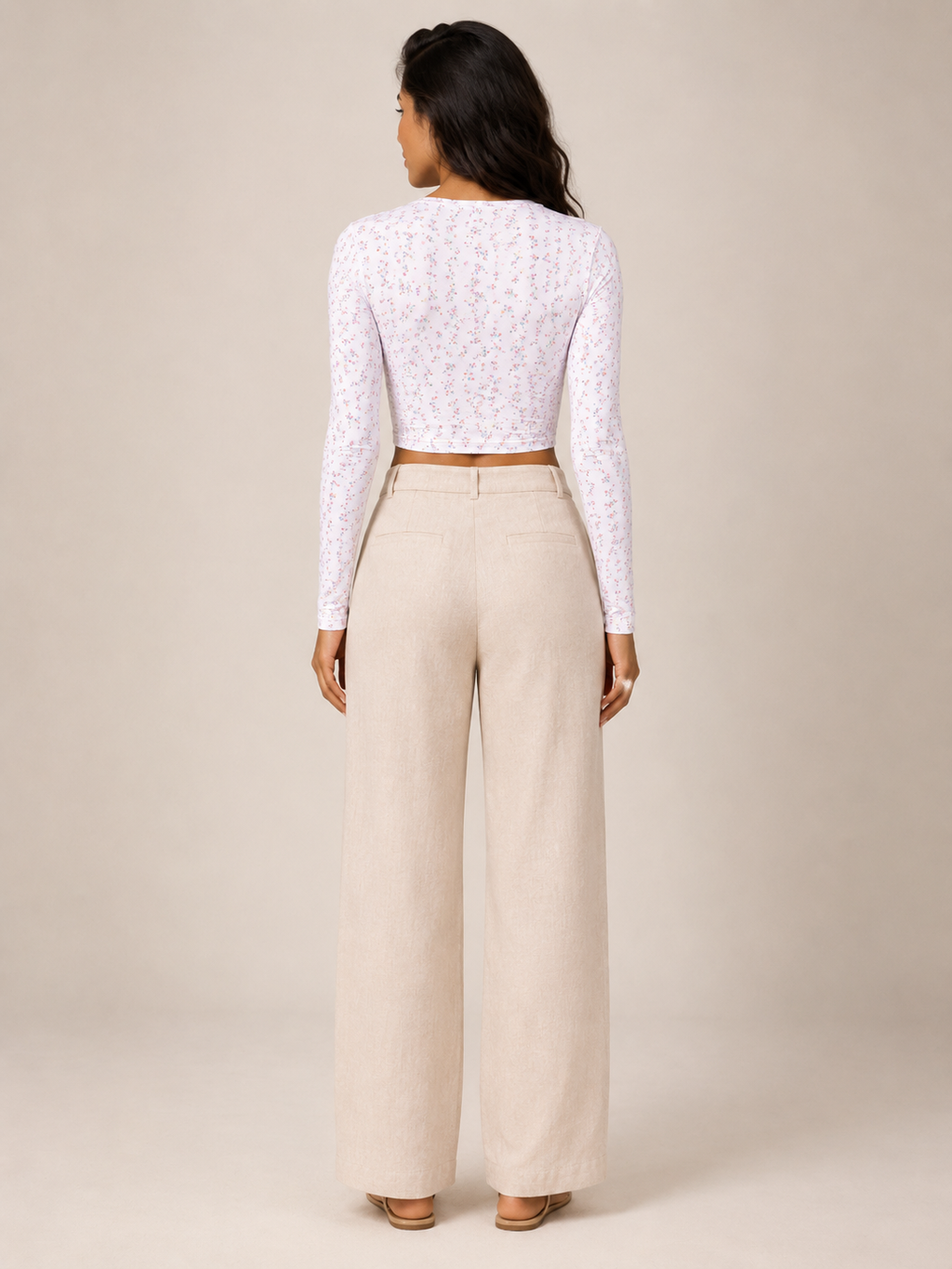 Lavender long-sleeve crop top with tiny floral print and low back