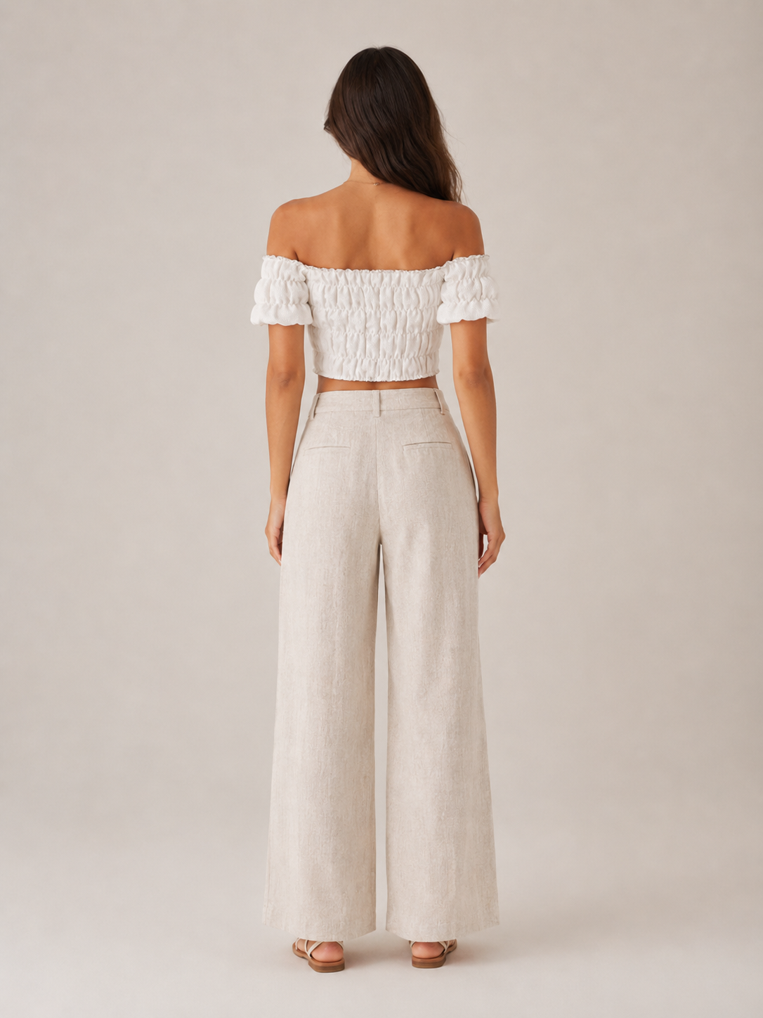 Ivory off-shoulder smocked top with puff sleeves, back gathered elastic detail
