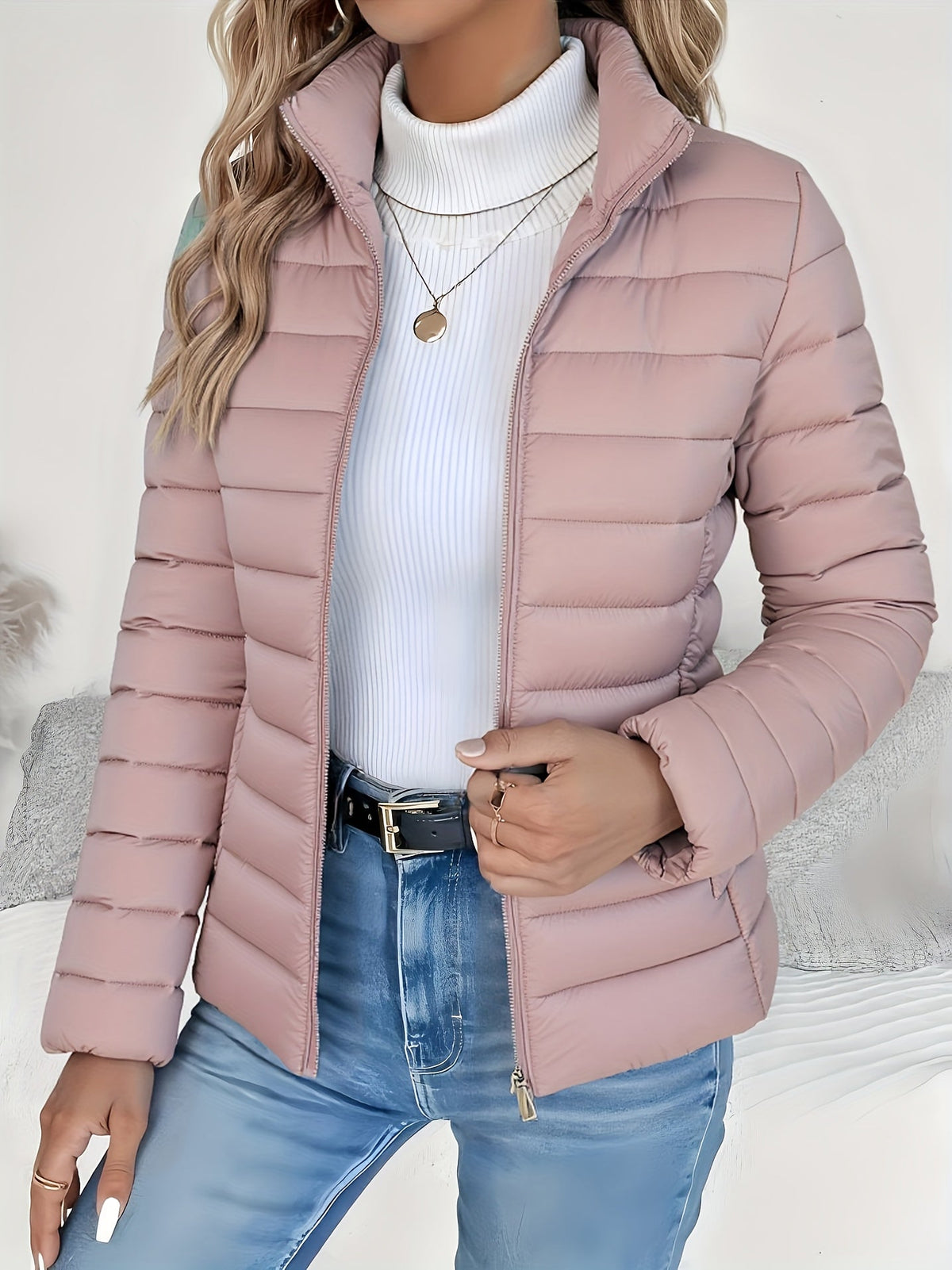 Lightweight quilted zip-up jacket with stand collar, dusty rose pink