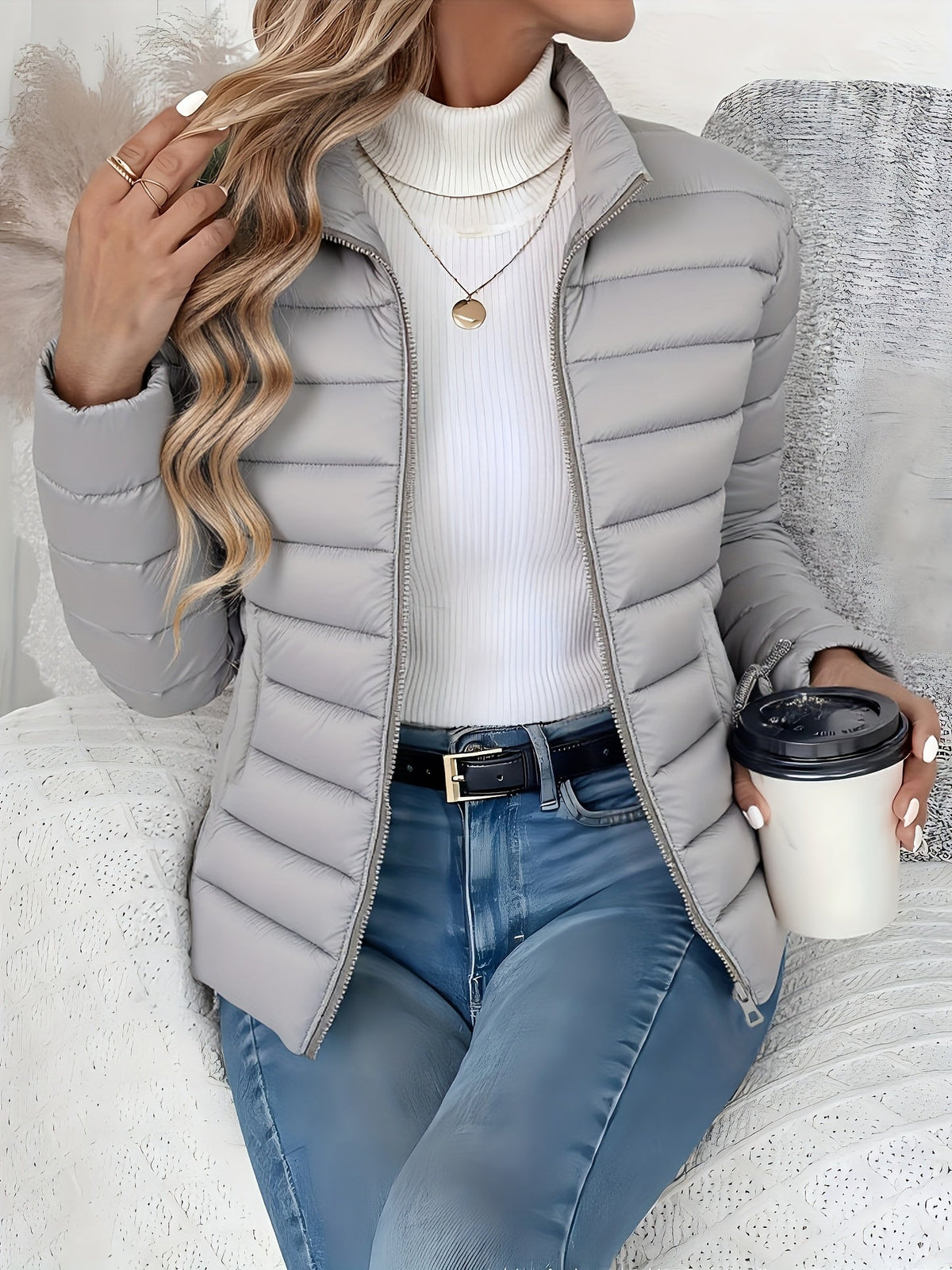 Lightweight quilted zip-up jacket with stand collar, light grey