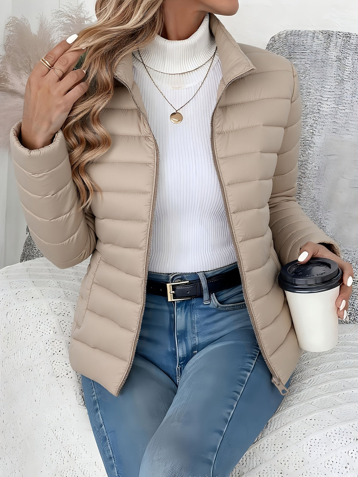 Lightweight quilted zip-up jacket with stand collar, beige