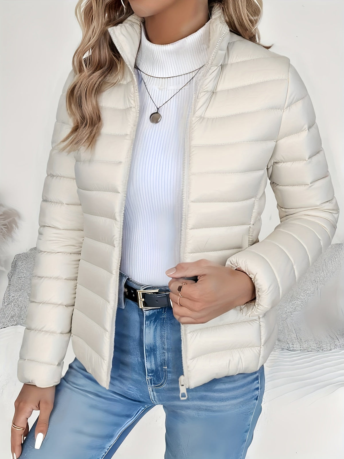 Lightweight quilted zip-up jacket with stand collar, off-white