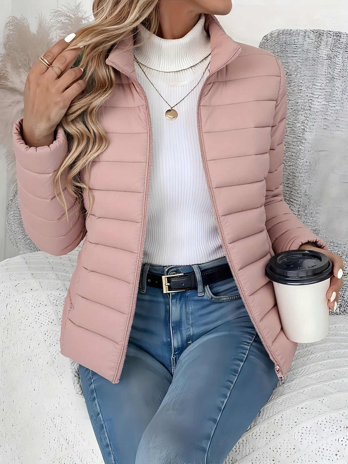 Lightweight quilted zip-up jacket with stand collar, mauve pink