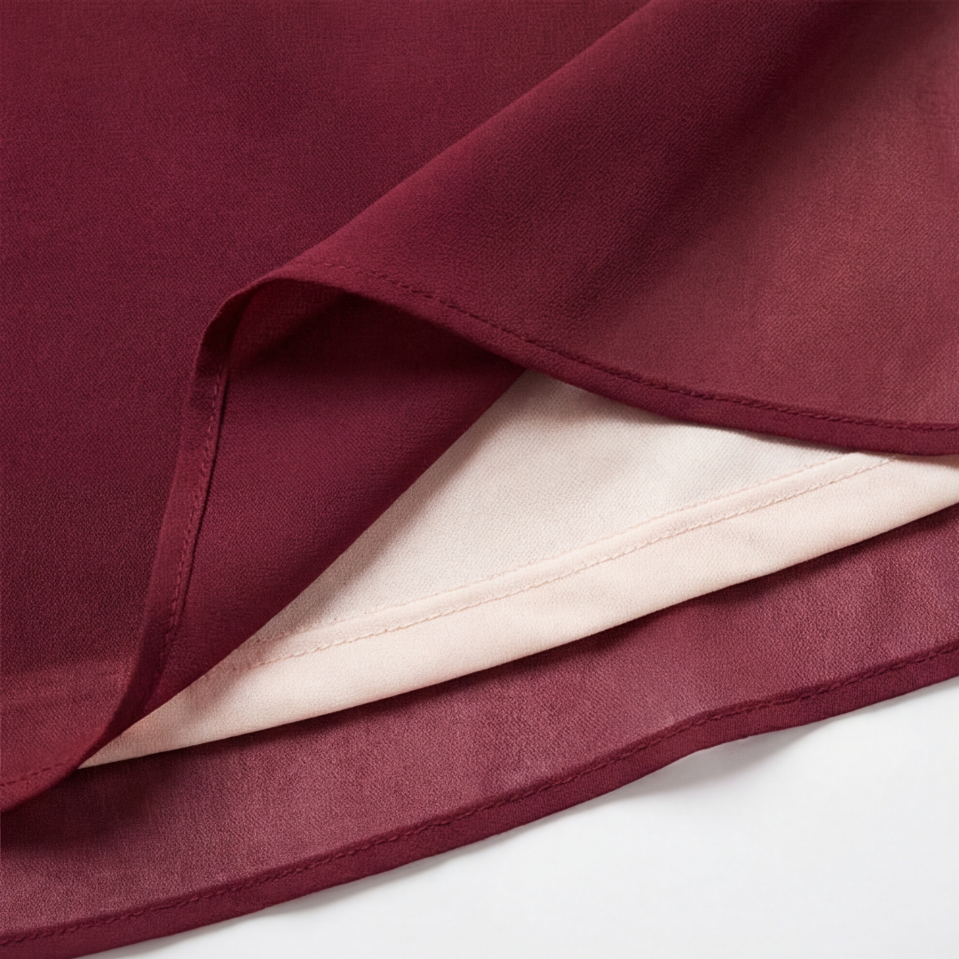 Burgundy dress hem and lining seam detail with ruffle edge