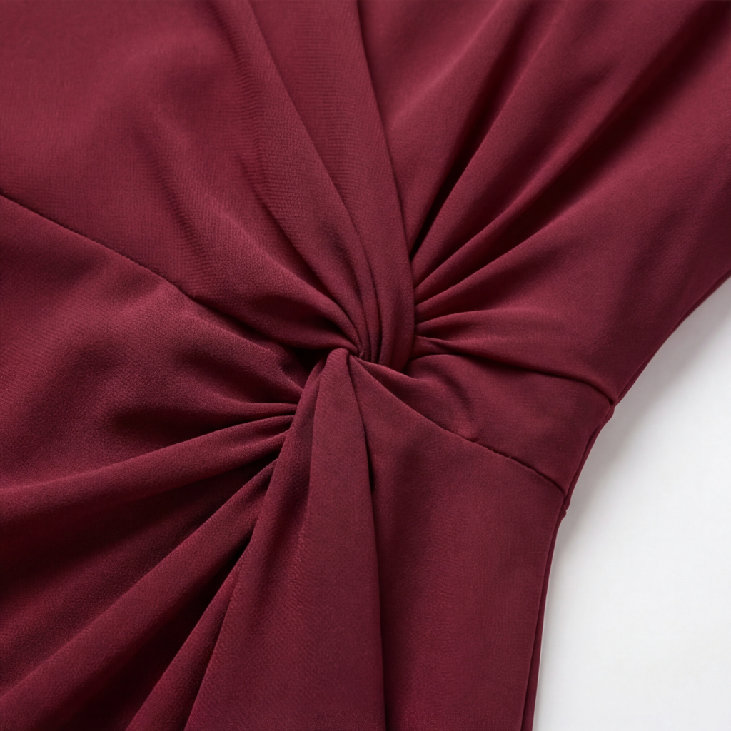 Burgundy twist-knot waist detail on a lined midi dress with draped fabric