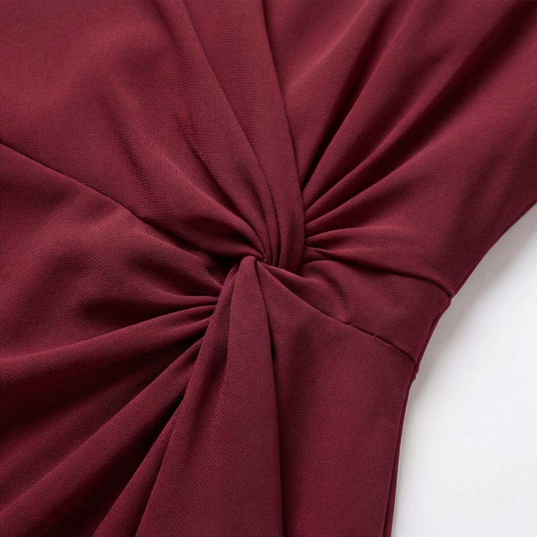 Burgundy twist-knot waist detail on a lined midi dress with draped fabric