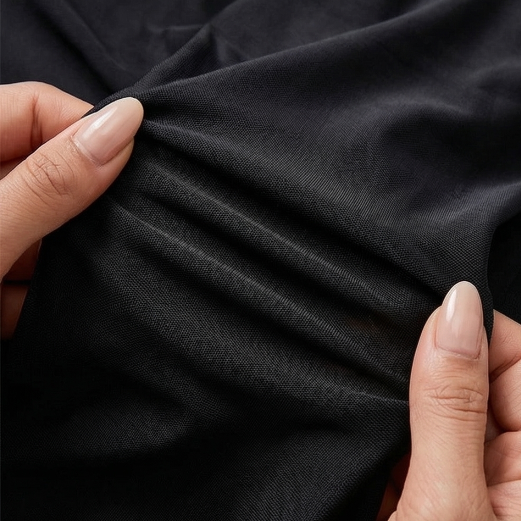 Black mesh fabric with smooth drape texture for bikini skirt bottom