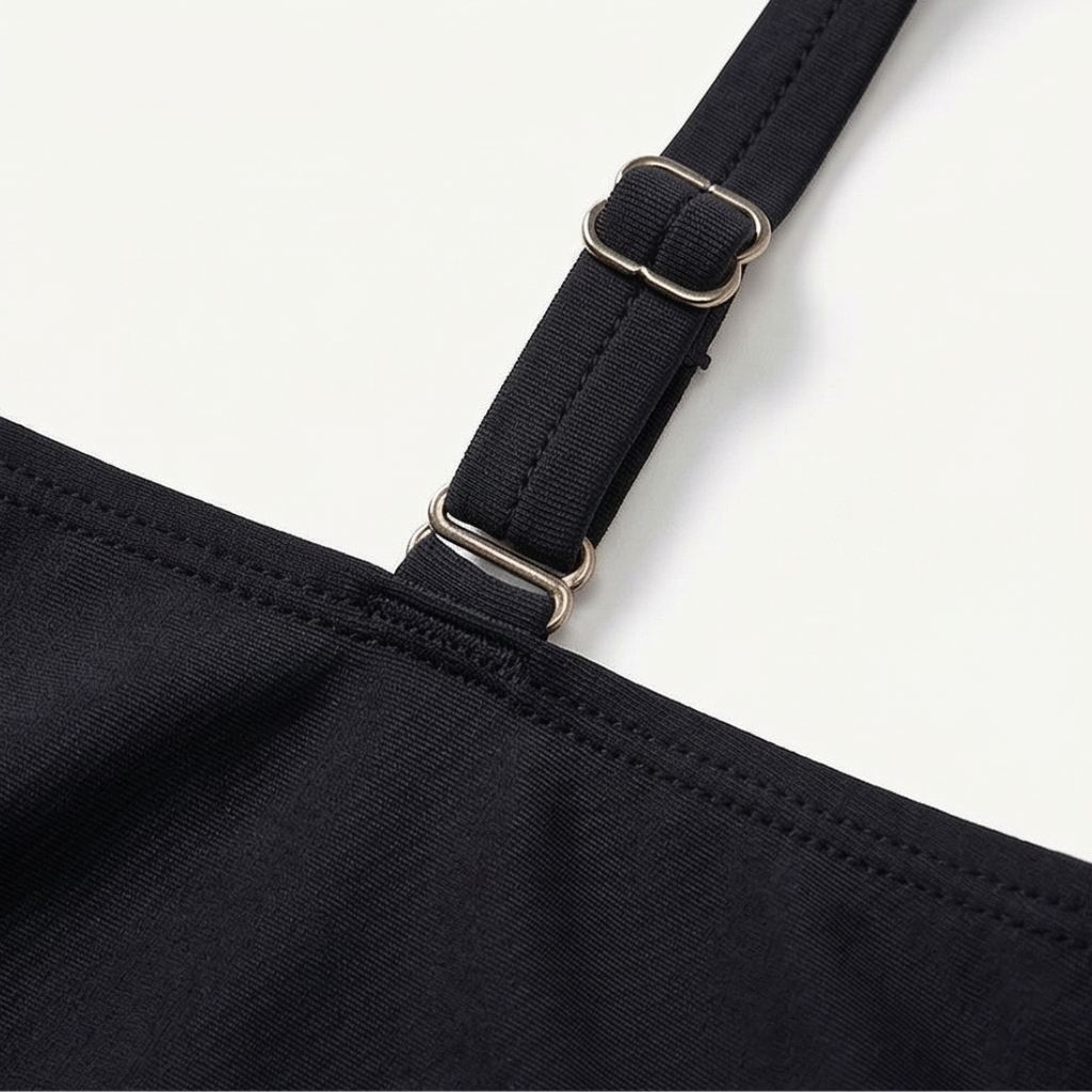 Black bikini strap with metal-adjuster buckle and high-waist waistband trim