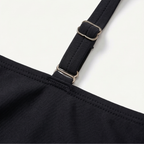 Black bikini strap with metal-adjuster buckle and high-waist waistband trim