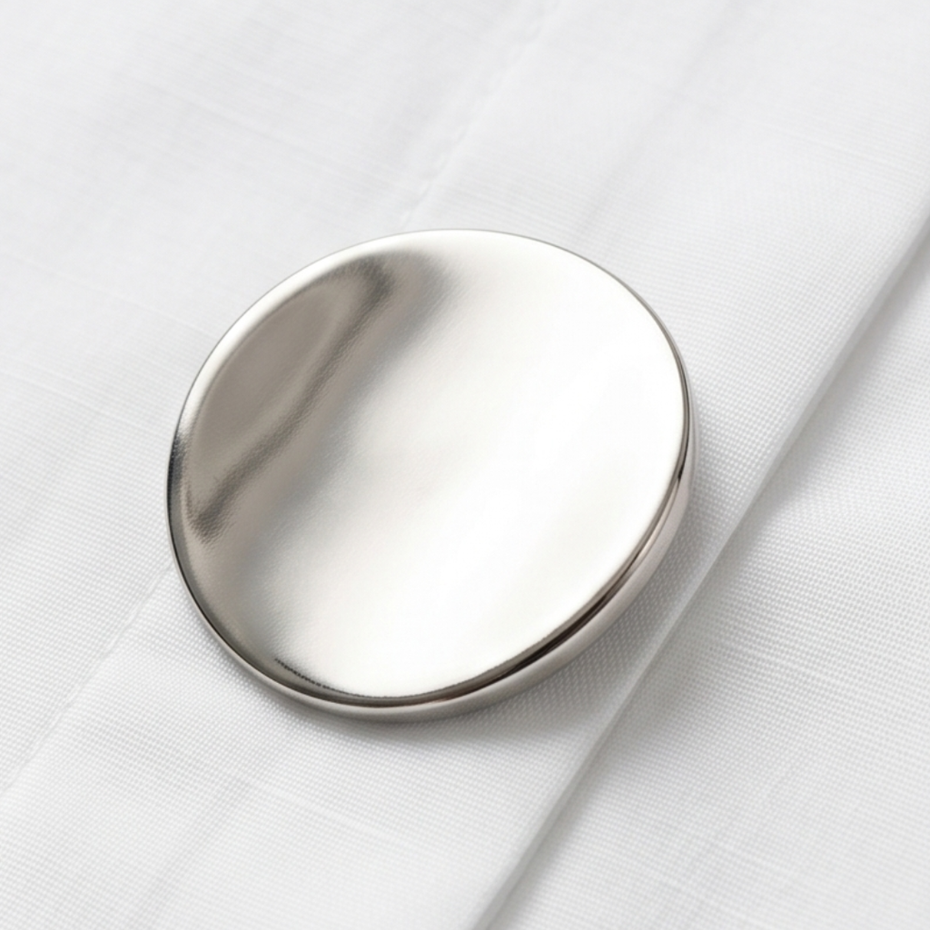 Silver oval statement button on white blouse fabric