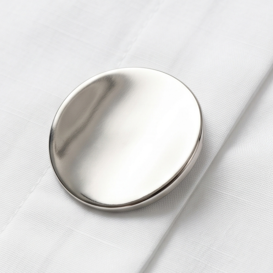 Silver oval statement button on white blouse fabric
