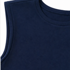 Navy sleeveless top with crew neckline, smooth knit fabric