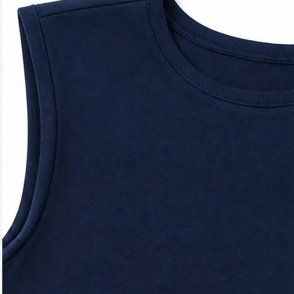 Navy sleeveless top with crew neckline, smooth knit fabric