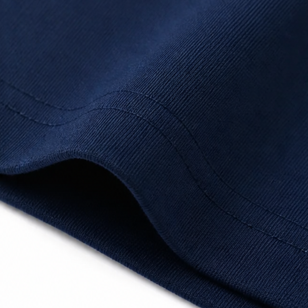 Navy knit built-in shorts seam and waistband curve detail