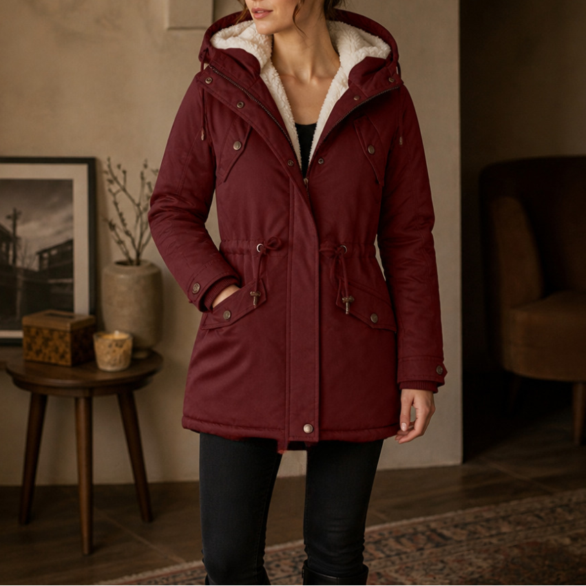 Burgundy fleece-lined padded parka with hood, adjustable waist, and flap pockets