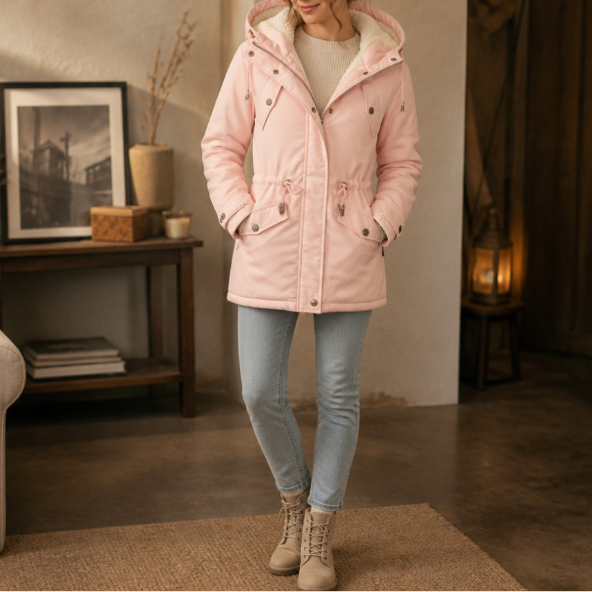 Pink fleece-lined padded parka with hood, drawstring waist, and flap pockets