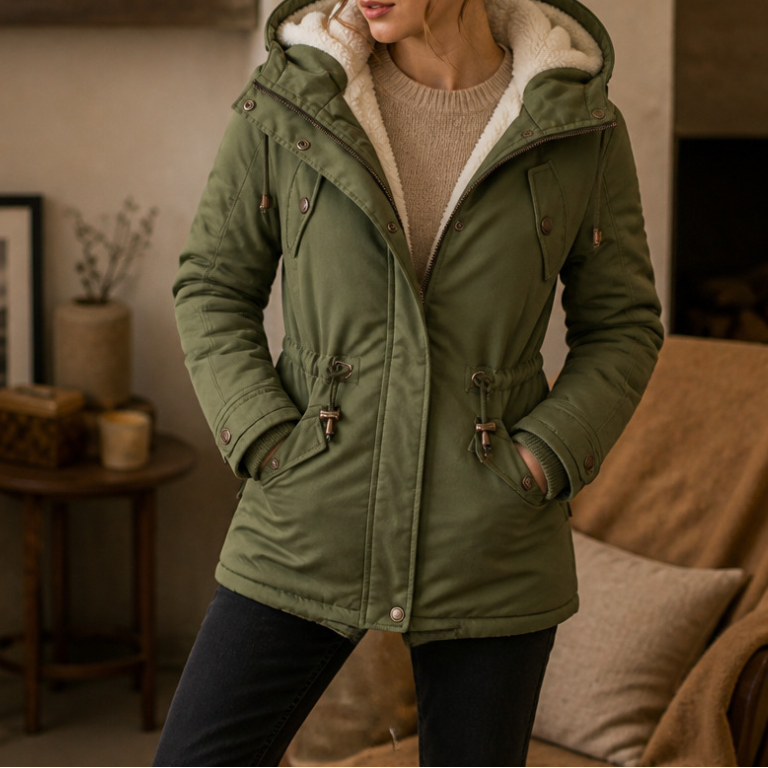 Olive green padded parka with fleece-lined hood, adjustable waist, and flap pockets