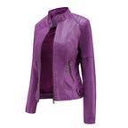 Violet women’s zip-up stand-collar jacket with long sleeves and zipper chest pocket