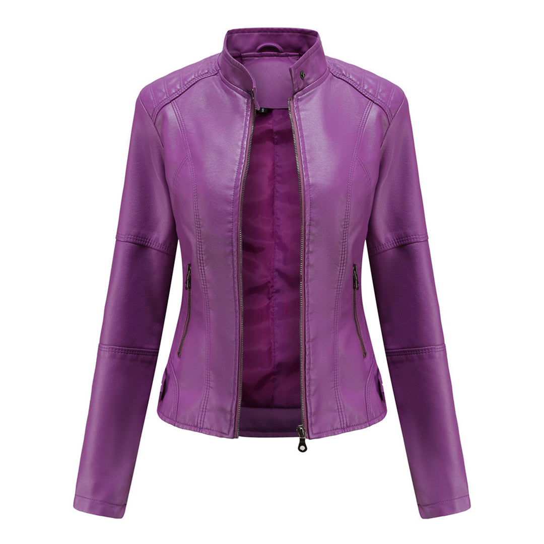 Purple women’s zip-up stand-collar jacket with center zipper and fitted long sleeves