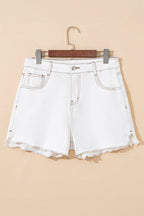 White denim shorts with high waist, frayed raw hem, fly front, belt loops, and two front pockets.