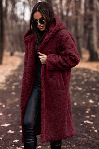 Women's teddy coat with hood, burgundy faux-fur, long sleeves, button front