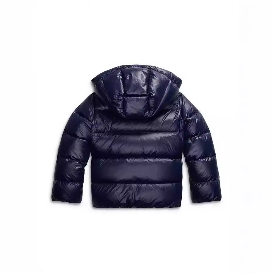 Navy quilted puffer winter jacket with hood, full zip, and padded sleeves
