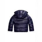 Navy quilted puffer winter jacket with hood, full zip, and padded sleeves