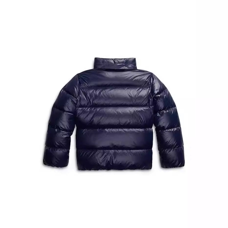 Navy quilted hooded winter puffer jacket with full front zip and side pockets