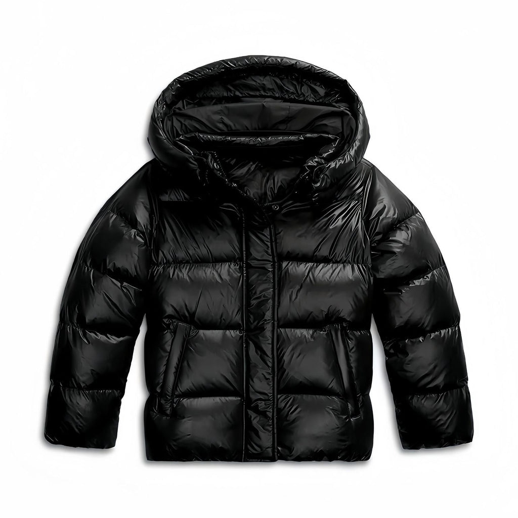 Black quilted puffer winter jacket with hood and full front zip, padded insulation
