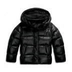 Black quilted puffer winter jacket with hood and full front zip, padded insulation
