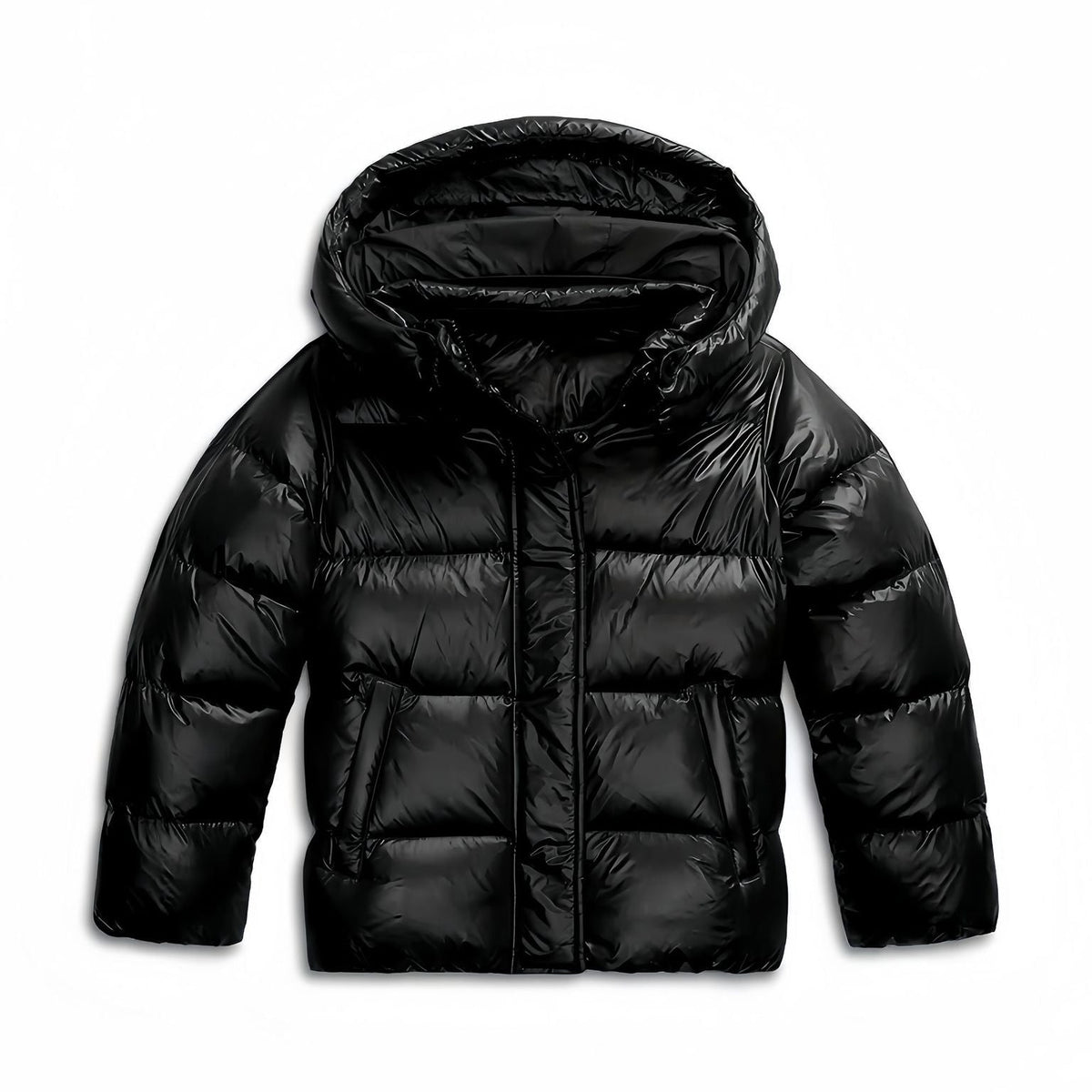 Black quilted puffer winter jacket with hood and full front zip, padded insulation