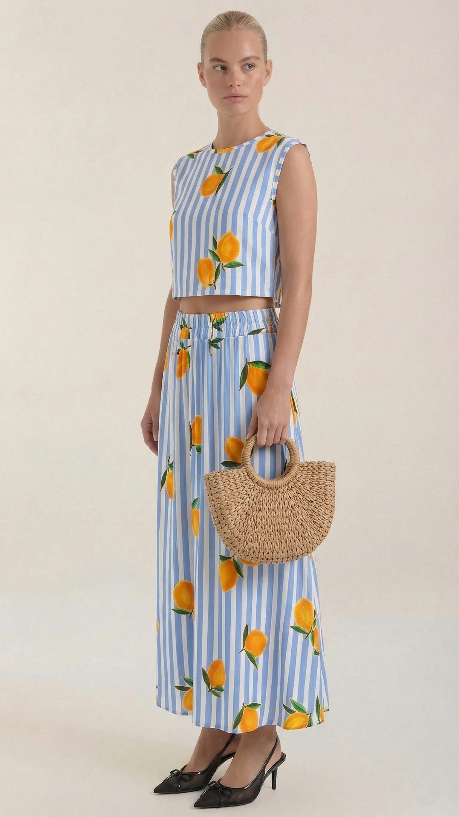 Woman's Maxi Dress Set - Striped, Flowy Skirt - Lemon Print